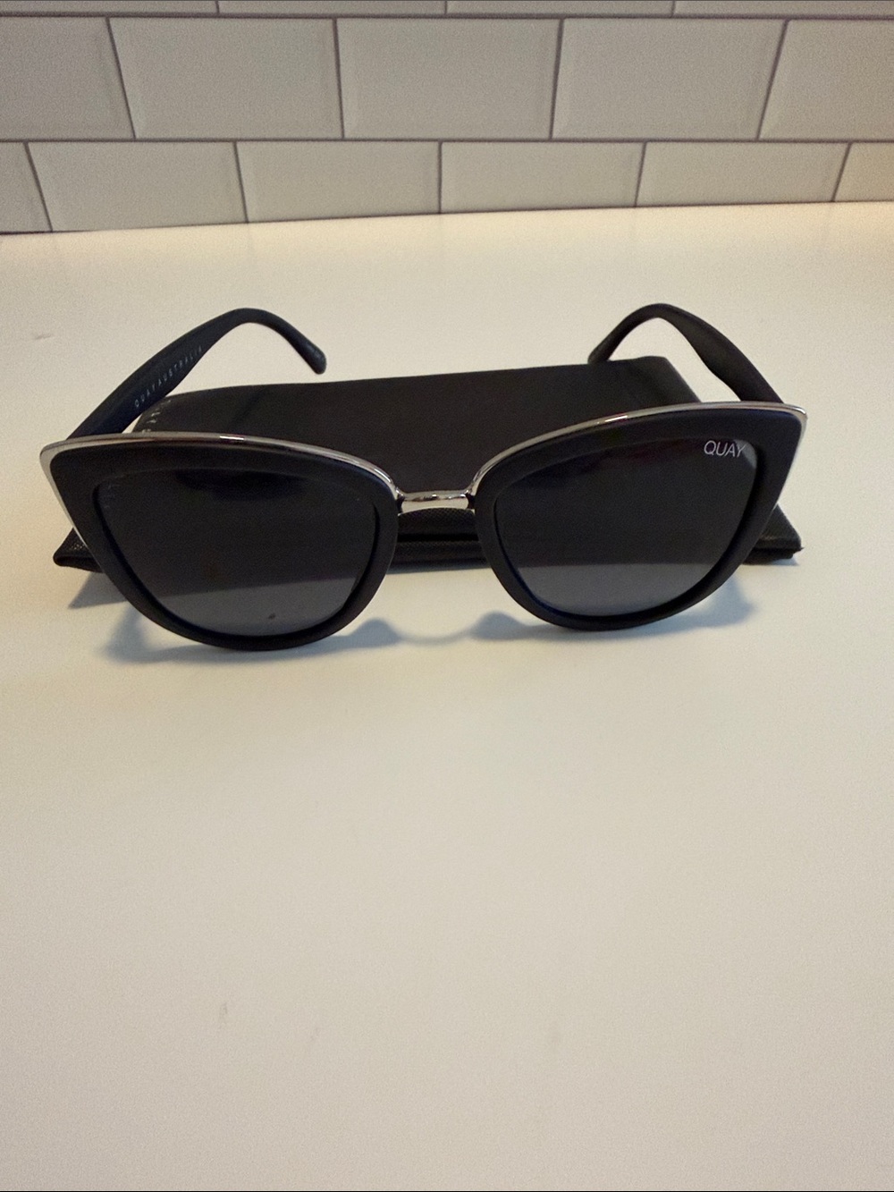 Quay Australia Black Cat Eye Sunglasses with Silver Trim